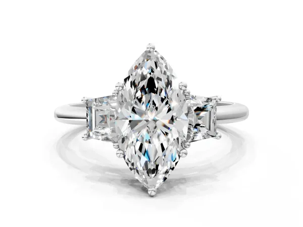 Marquise Cut Diamond Three-Stone Ring with Trapezoid Side Stones and Prong Setting Platinum
