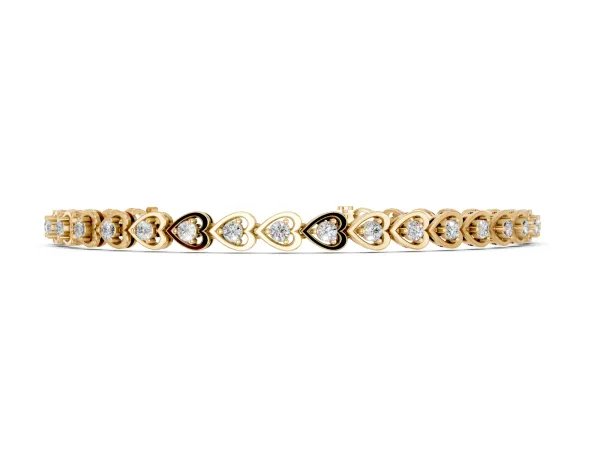 Heart-Shaped Diamond Tennis Bracelet with Channel Setting and Four-Prong Setting Yellow gold