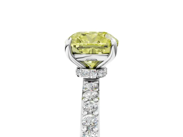 Fancy Yellow Cushion Cut Diamond Solitaire Engagement Ring with Pavé Band and Four-Prong Setting Platinum