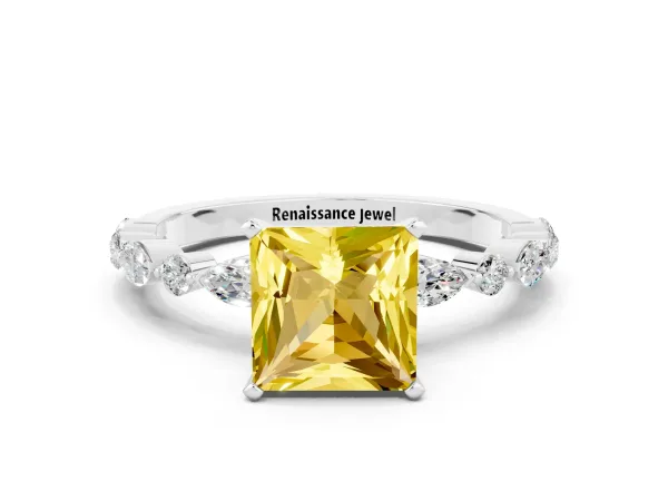 Princess Cut Yellow Sapphire Ring with Marquise and Round Side Stones and Four-Prong Setting Platinum