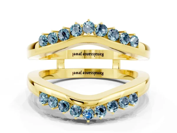 Round Aquamarine Chevron Contour Band with Prong Setting Yellow gold