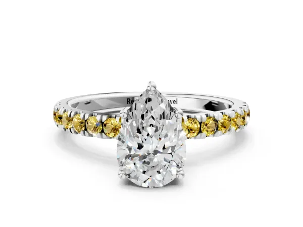 Pear Cut Diamond Pave Band Solitaire Ring with Round Yellow Sapphire and Prong Setting White gold