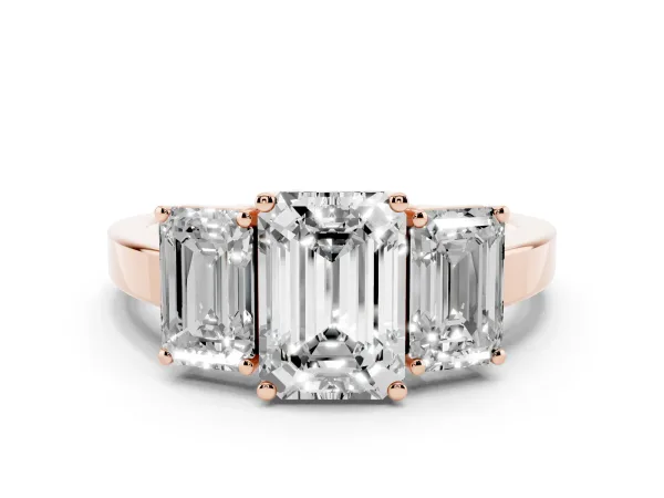 Three-Stone Emerald Cut Cut Diamond Engagement Ring with Flat Band and Four-Prong Setting Rose gold