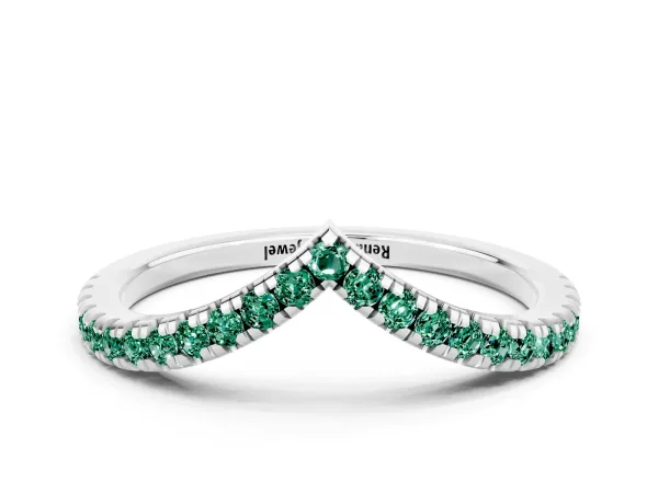 Pavé Round Green Sapphire V-Shaped Chevron Band with Shared Prong Setting Platinum