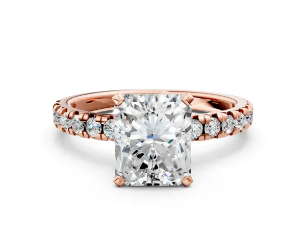 Radiant Cut Diamond Solitaire Pavé Engagement Ring with Round Band and Prong Setting Rose gold