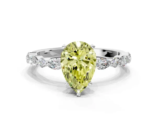 Fancy Yellow Pear Cut Diamond Ring with Marquise and Round Side Stones and Four-Prong Setting White gold