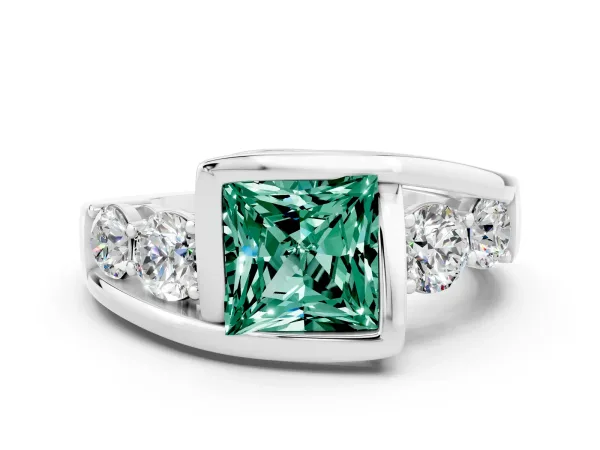 Bezel Set Princess Cut Green Sapphire Bypass Ring with Round Accents Platinum