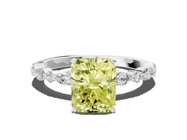 Fancy Yellow Radiant Cut Diamond Ring with Marquise and Round Side Stones and Four-Prong Setting Platinum