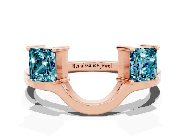 Princess Cut Blue Topaz Two-Stone Open Band Ring with Four-Prong Setting Rose gold
