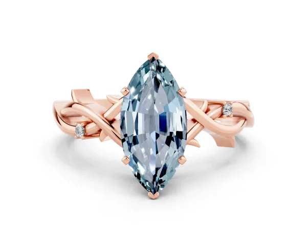Marquise Cut Aquamarine Solitaire Ring with Milgrain Pavé Band and Four-Prong Setting Rose gold