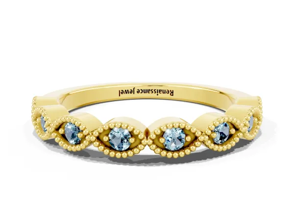 Milgrain Marquise Aquamarine Half Eternity Band with Bezel Setting Yellow gold