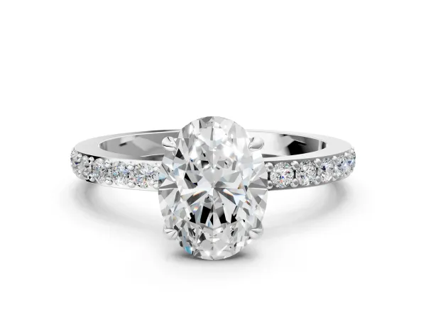 Oval Cut Diamond Solitaire Engagement Ring with Pavé Band and Four-Prong Setting Platinum
