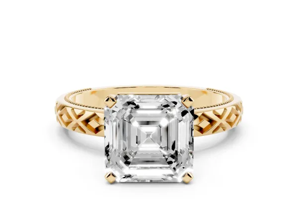 Asscher Cut Solitaire Diamond Ring with Milgrain and Black Enamel X Pattern Band Yellow gold