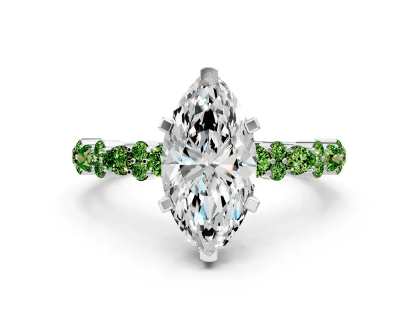 Marquise Cut Diamond Side Stone Solitaire Ring with Round Peridot and Four-Prong Setting White gold
