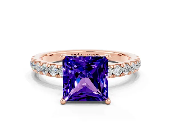 Princess Cut Tanzanite Pave Band Solitaire Ring with Round and Prong Setting Rose gold