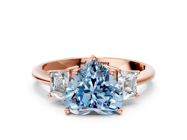Fancy Blue Heart Cut Diamond Three-Stone Ring with Trapezoid Side Stones and Prong Setting Rose gold