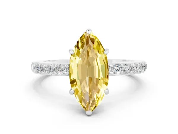 Marquise Cut Yellow Sapphire Solitaire Engagement Ring with Pavé Band and Four-Prong Setting Platinum