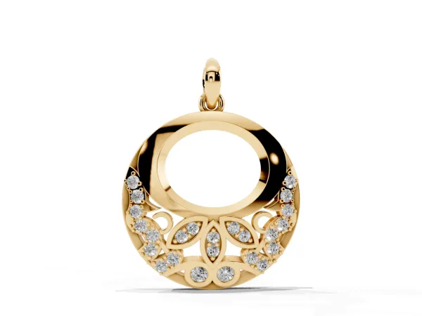 Round Diamond Pavé Leaf Filigree Pendant Yellow gold