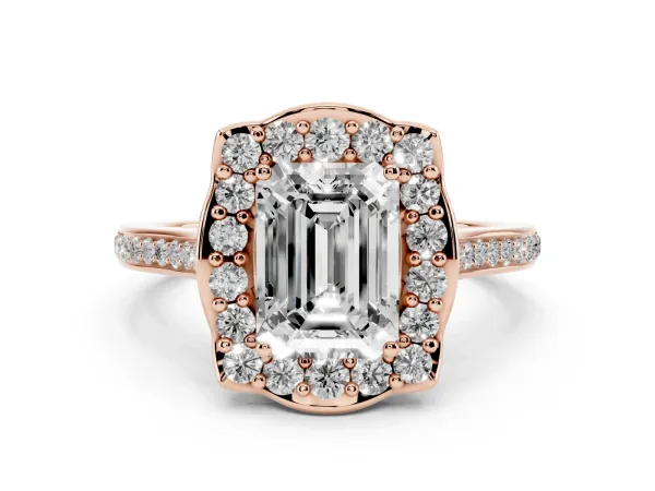 Emerald Cut Halo Round Diamond Pave Band with Four-Prong Setting Rose gold