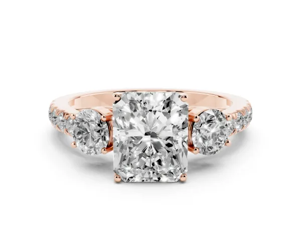 Radiant Cut Cut Diamond Three-Stone Ring with Round Side Stones and Pavé Band Rose gold