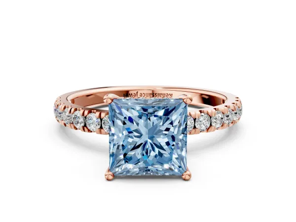 Fancy Blue Princess Cut Diamond Pave Band Solitaire Ring with Round and Prong Setting Rose gold