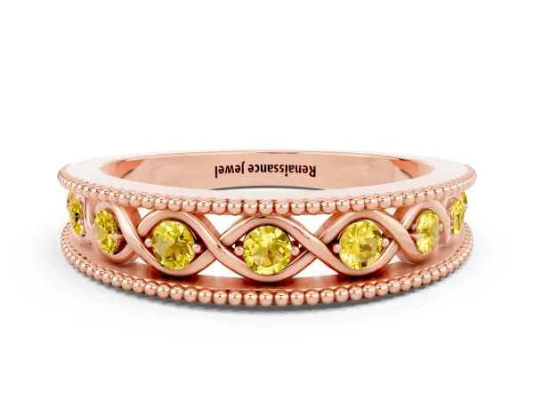 Round Yellow Sapphire Twist Milgrain Band with Bezel Setting Rose gold