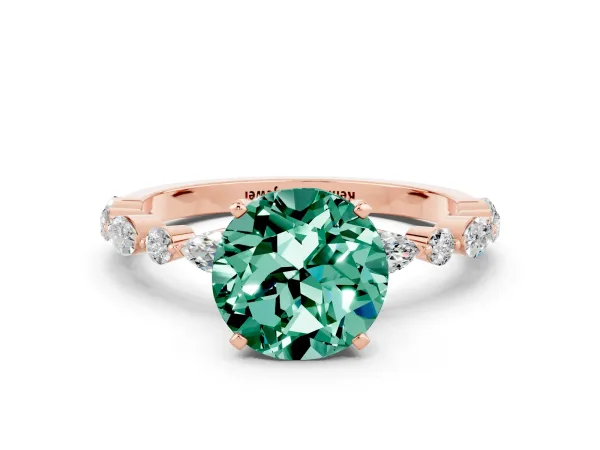 Round Cut Green Sapphire Ring with Marquise and Round Side Stones and Four-Prong Setting Rose gold