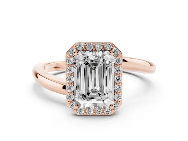 Emerald Cut Cut Halo Solitaire Ring with Channel Band and Four-Prong Setting Rose gold