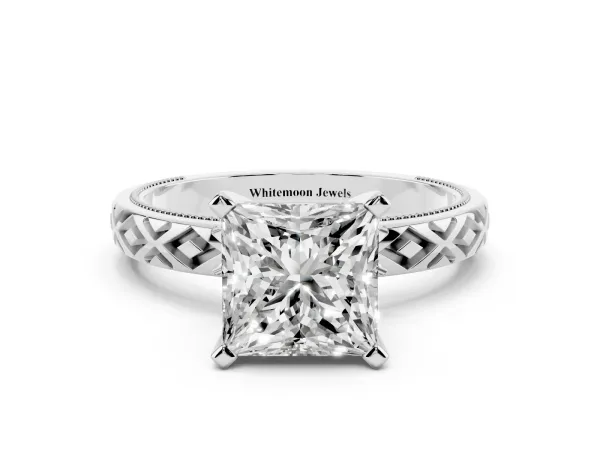 Princess Cut Solitaire Diamond Ring with Milgrain and Black Enamel X Pattern Band White gold