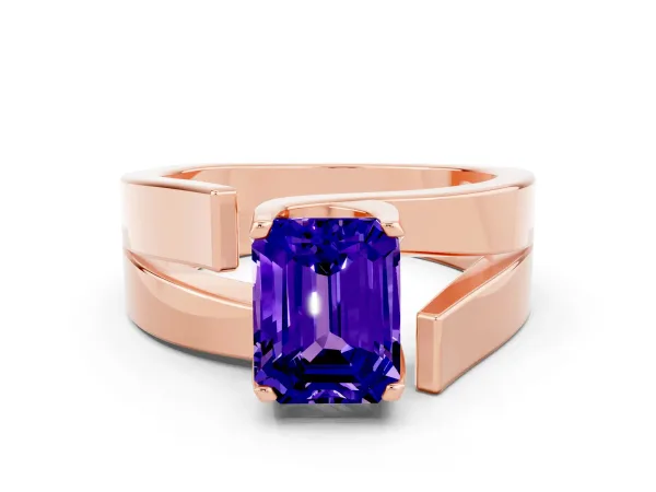 Modern Tension Set Emerald Cut Tanzanite Solitaire Wide Band Ring Rose gold