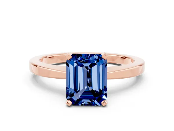 Emerald Cut Blue Sapphire Solitaire Engagement Ring with Classic Band and Four-Prong Setting Rose gold