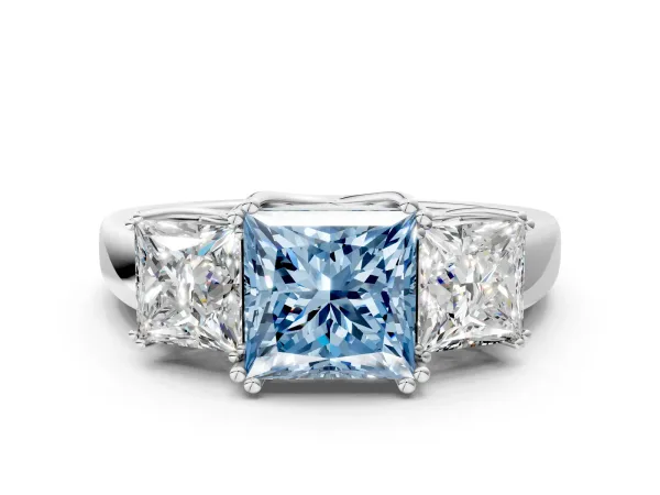 Fancy Blue Three-Stone Princess Cut Cut Diamond Ring with Channel Set Band and Four-Prong Setting Platinum