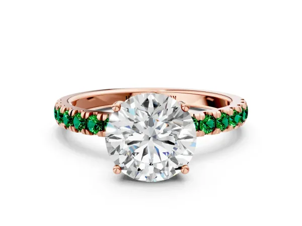 Round Cut Diamond Pave Band Solitaire Ring with Round Emerald and Prong Setting Rose gold