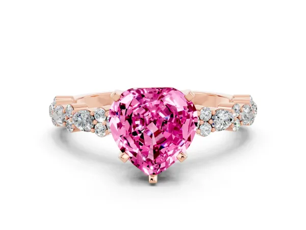 Heart Cut Pink Sapphire Side Stone Solitaire Ring with Round and Four-Prong Setting Rose gold