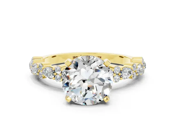 Round Cut Moissanite Side Stone Solitaire Ring with Round and Four-Prong Setting Yellow gold