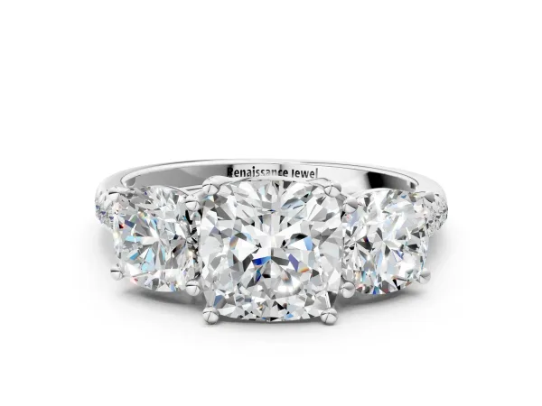 Three-Stone Cushion Cut Diamond Ring with Round Moissanite Pavé Band and Prong Setting Platinum