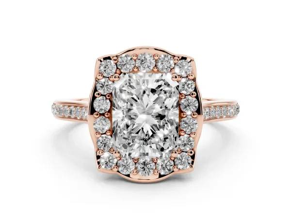 Radiant Cut Halo Round Diamond Pave Band with Four-Prong Setting Rose gold