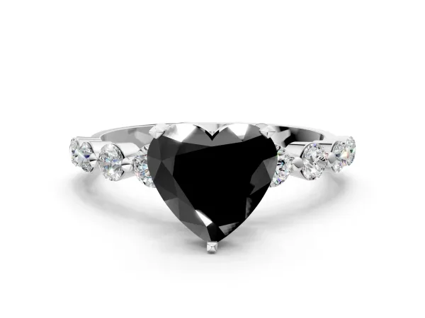 Fancy Black Heart Cut Solitaire Diamond Ring with Pave Band and Four-Prong Setting Platinum