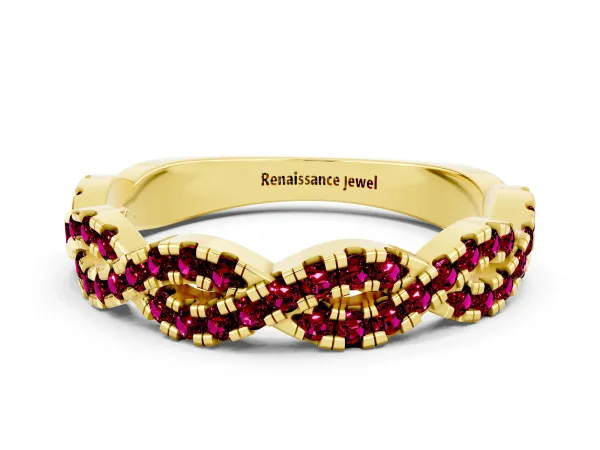 Round Garnet Twisted Eternity Band with Pavé and Shared Prong Setting Yellow gold