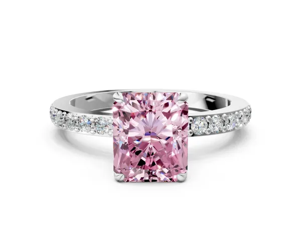Fancy Pink Radiant Cut Diamond Solitaire Engagement Ring with Pavé Band and Four-Prong Setting Platinum