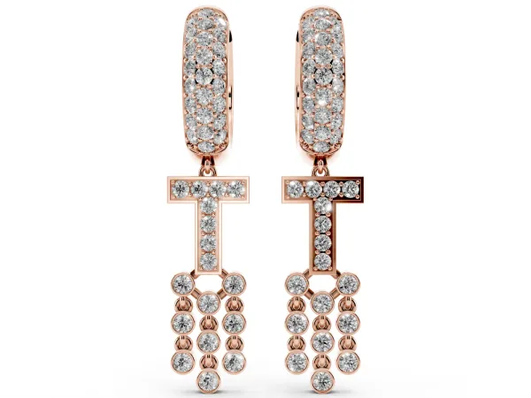 Round Diamond Initial T Huggie Hoop Earrings Rose gold