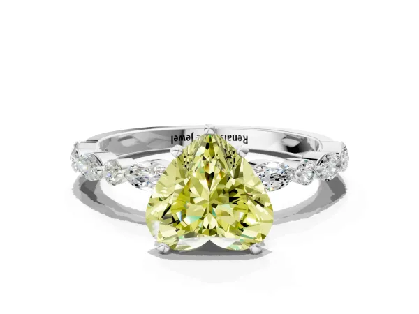Fancy Yellow Heart Cut Diamond Ring with Marquise and Round Side Stones and Four-Prong Setting Platinum