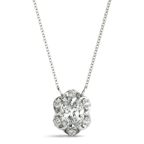 Oval Diamond Halo Pendant with Prong Setting Silver