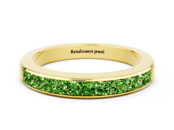 Channel Set Princess Cut Peridot Eternity Band Yellow gold