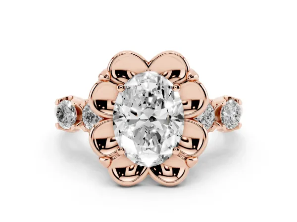Oval Cut Cut Diamond Floral Halo Engagement Ring with Shared Prong Setting Rose gold