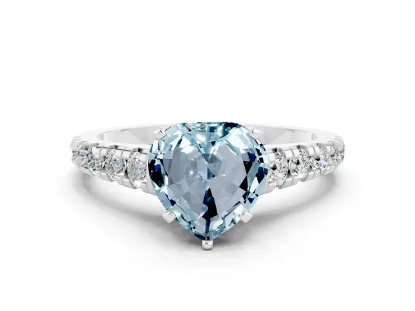 Heart Cut Aquamarine Cathedral Solitaire Ring with Round Pavé Band Platinum