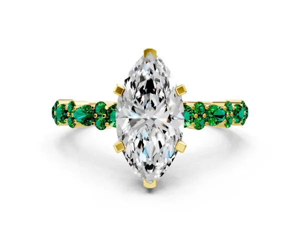 Marquise Cut Diamond Side Stone Solitaire Ring with Round Emerald and Four-Prong Setting Yellow gold