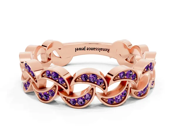 Pavé Round Amethyst Interlocking Eternity Band with Bezel Prong Setting Rose gold