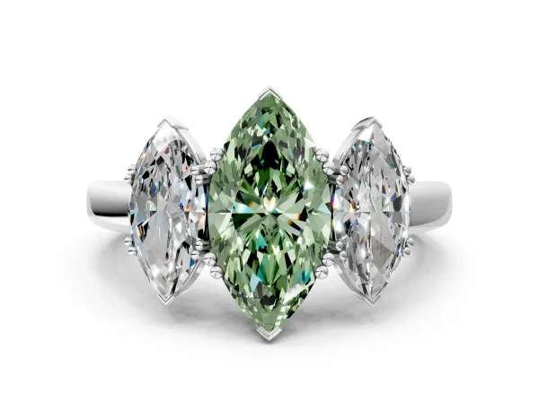 Fancy Green Three-Stone Marquise Cut Cut Diamond Ring with Channel Set Band and Four-Prong Setting White gold