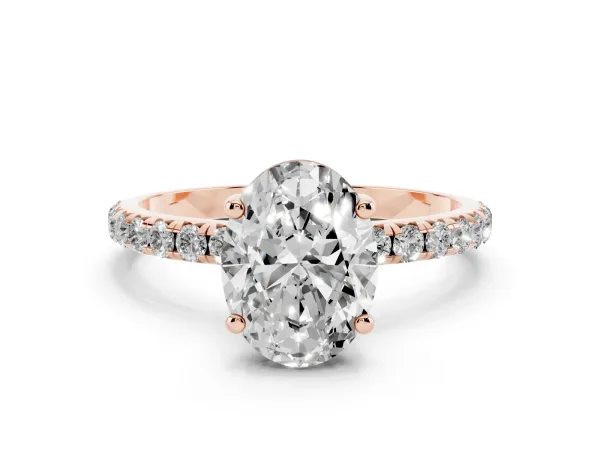 Oval Cut Cut Diamond Solitaire Ring with Micro Pave Band and Four Prong Setting Rose gold